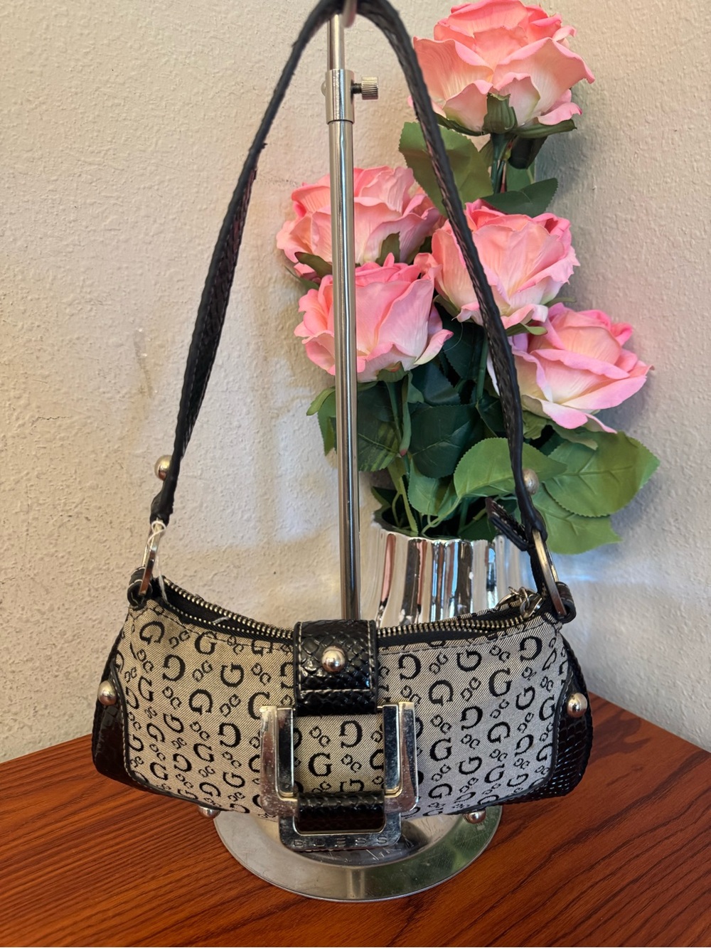 Guess Monogram Logo Shoulder Bag in Black and Gray